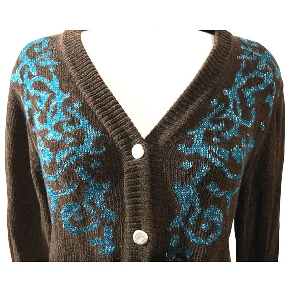 Vintage V Neck Sparkly Cardigan by Gantos Sz Medium Brown & Blue Glittery - Picture 3 of 10